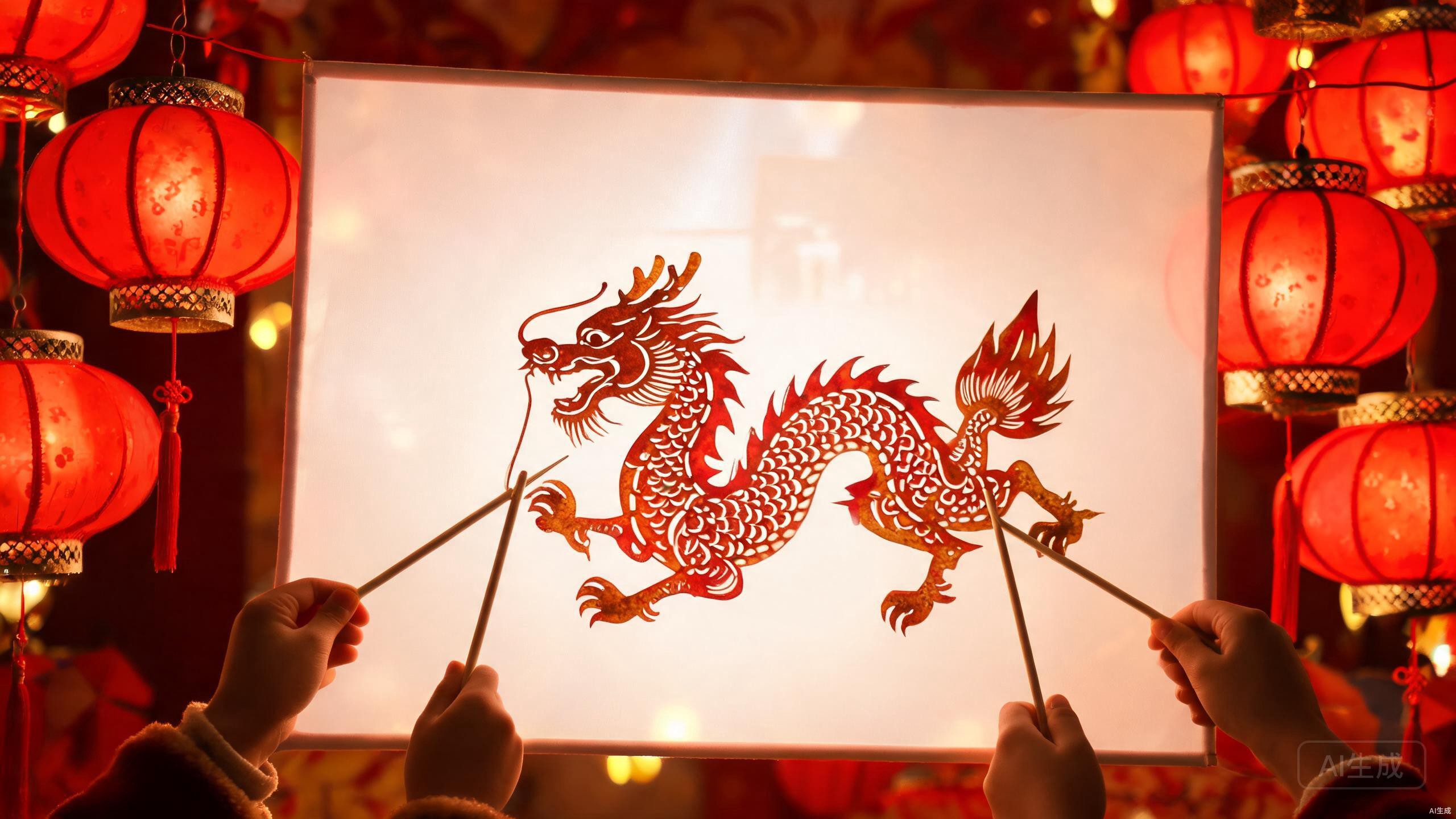 Chinese New Year shadow puppet craft with red and gold zodiac puppets