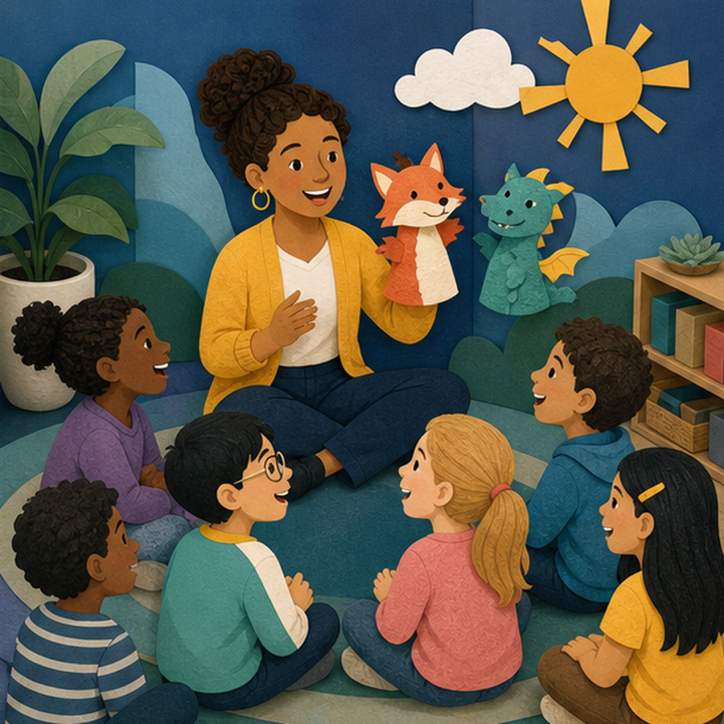 Picture-supported puppet dialogue activity for English language learners