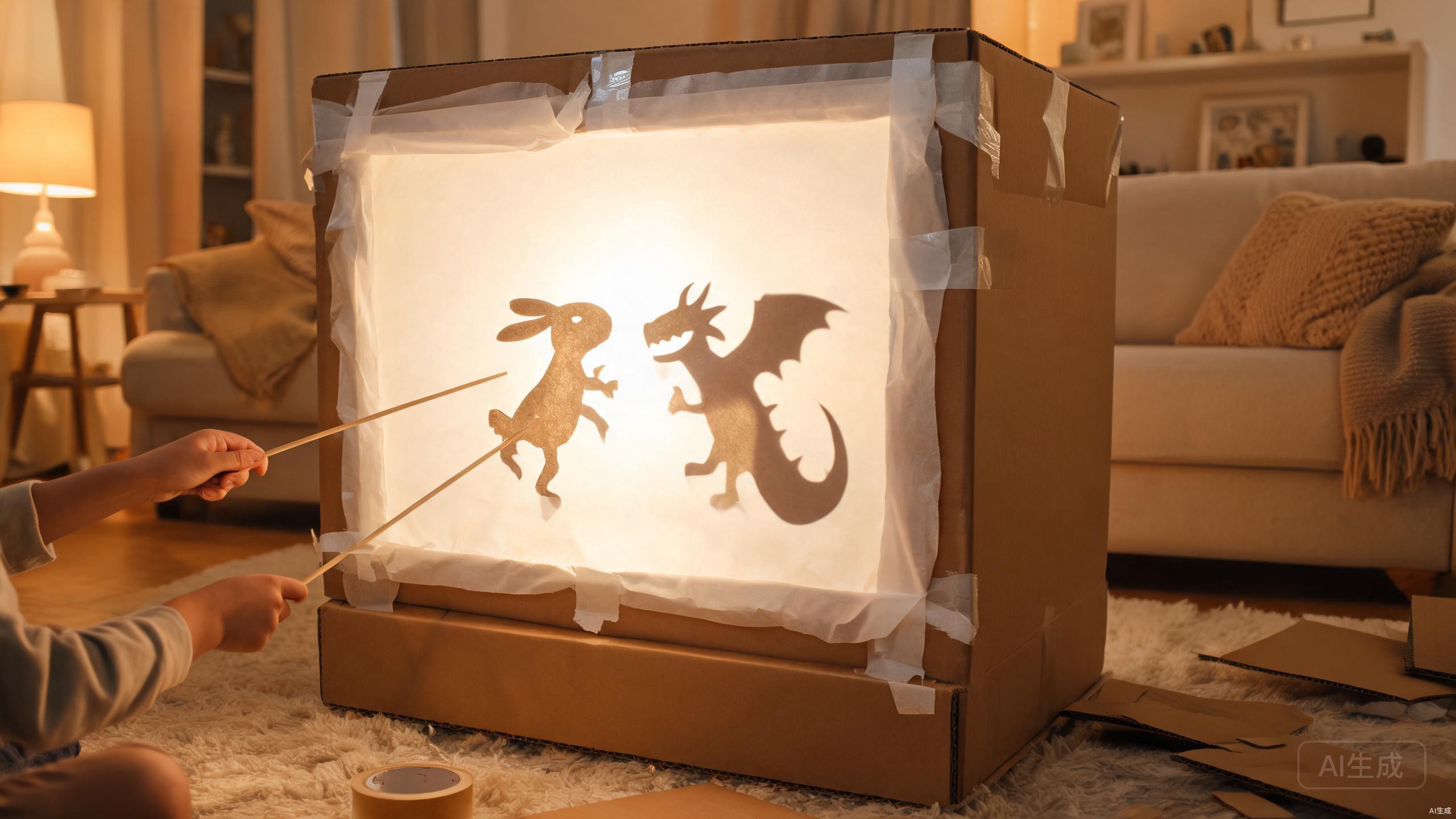 A DIY shadow puppet theater made from a cardboard box with white tissue paper screen glowing under an LED lamp