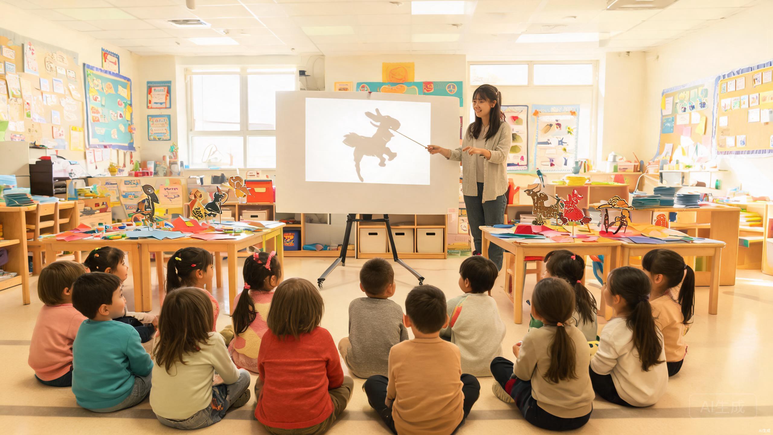 Shadow Puppet Lesson Plan Hero Grade 3 students performing a shadow puppet show behind a lit screen