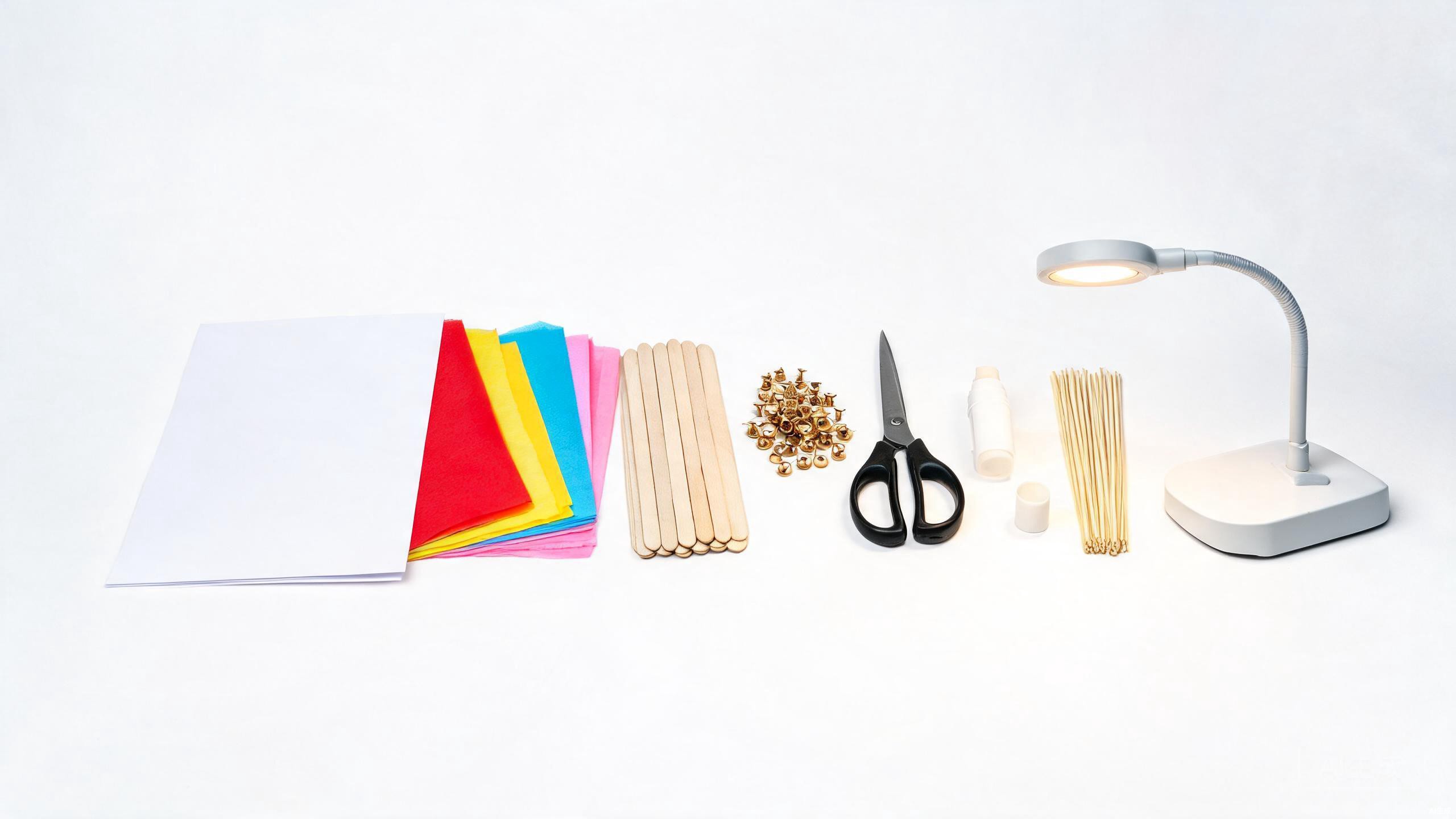 Collection of materials for DIY shadow puppets including cardstock, brads, craft sticks, and LED lamp