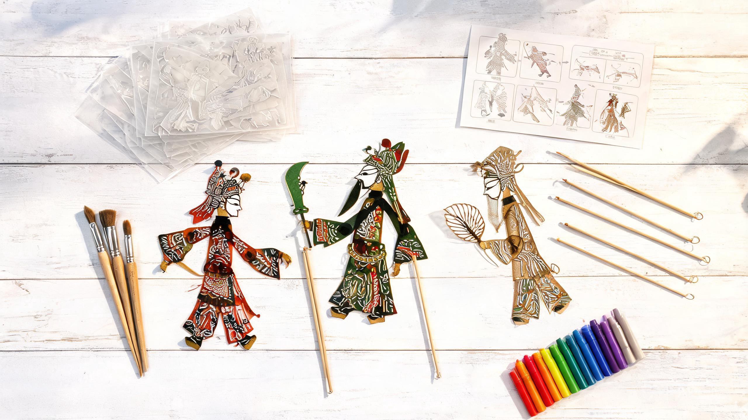 Shadow puppetry DIY craft kit featuring Three Kingdoms character puppets, paints, brushes and bamboo control sticks arranged on a white table